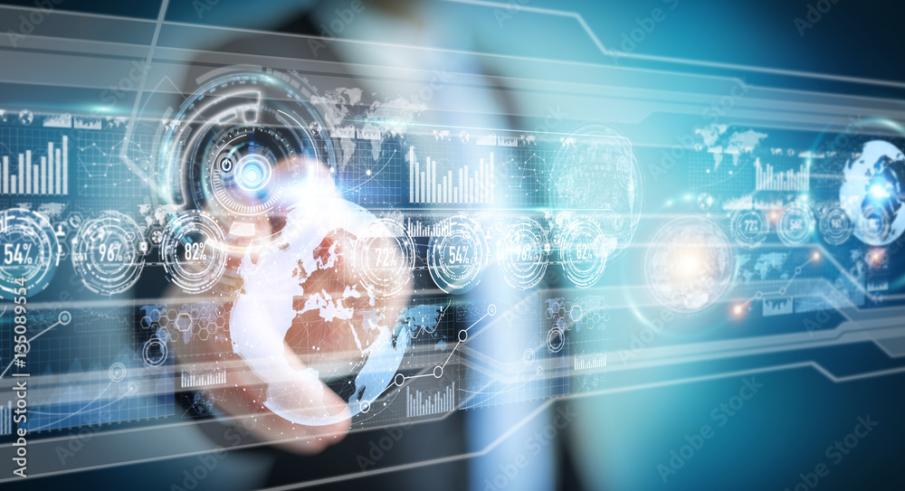 Poster Hologram screen with digital datas used by businessman 3D render