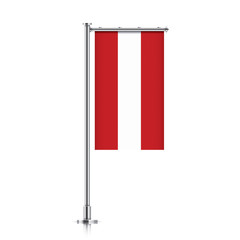 Austria vector banner flag hanging on a silver metallic pole. Vertical Austria flag template isolated on a white background.