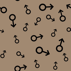 Seamless pattern with black male symbols. Male small signs different sizes. Pattern on brown background. Vector illustration