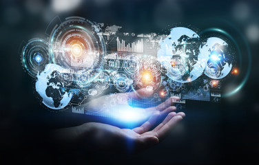 Hologram screen with digital datas used by businessman 3D render