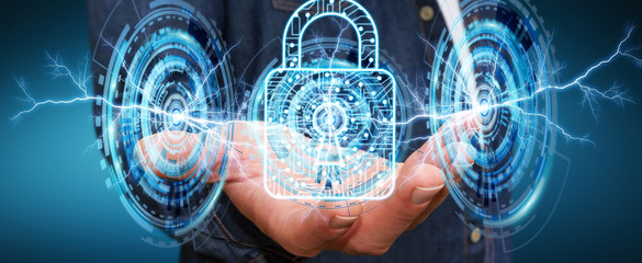 Businessman using digital padlock to secure his datas 3D renderi