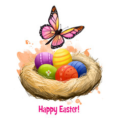 Happy Easter digital banner. Spring butterfly and decorated easter eggs in nest isolated on white. For posters, banners, greeting cards. Clip art illustration. Postcard element in cartoon style