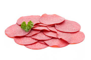 Salami smoked sausage one slice isolated on white background cut