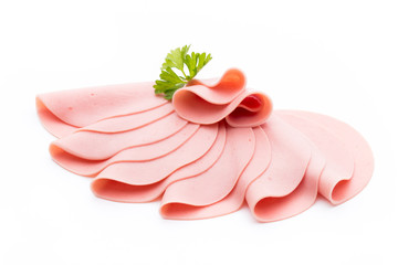 Sliced boiled ham sausage isolated on white background, top view © gitusik