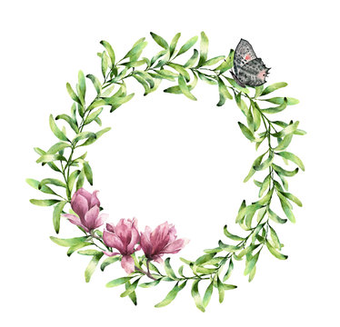 Watercolor greenery wreath with magnolia and butterfly. Hand painted floral border isolated on white background. Botanical illustration with green herbs and insect for design, print or fabric.