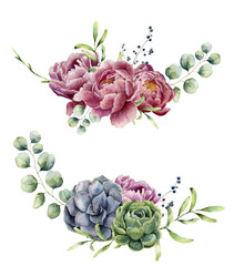 Watercolor floral composition isolated on white background. Vintage style posy set with eucalyptus branches, succulents, peony ,berries, greenery and leaves. Flower hand painted design