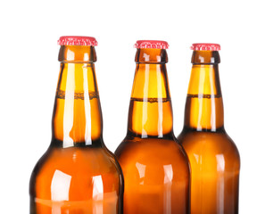 Beer bottles in a row isolated on white
