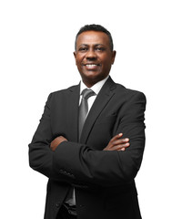 Confident Indian teacher on white background