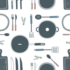 Hand drawn cooking utensils seamless pattern. Wooden cutting board, knife, fork, spoon, plate, pan, pot, spatula set. Cookware, kitchenware, kitchen tools collection. Vector illustration