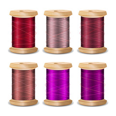 Thread Spool Set. Bright Old Wooden   Bobbin. Isolated On White Background For Needlework And Needlecraft. Stock Vector Illustration