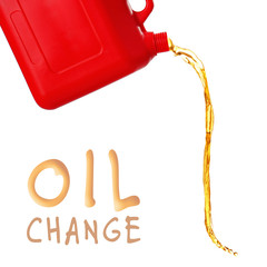 Plastic canister and oil splash on white background