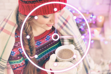 Time concept. Young woman with cup of coffee at home