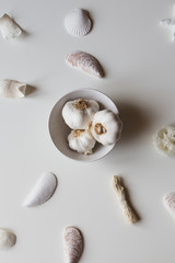 group of garlic on white background, contemporary vibrant pop food