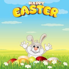Cartoon Easter Bunny Hunting Eggs