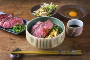 Traditional Japanese Ramen Soup with Waygu Beef Filet as close-up in a bowl