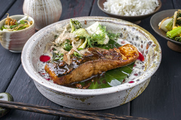Traditional Japanese Salmon Teriyaki with Vegetable and Rice