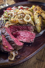 Kobe Entrecote Steak Bleu with Fried Onion and Potatoes