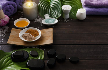 Fototapeta na wymiar Spa treatment, aromatherapy background. Details and accessories