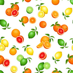 Vector seamless pattern with citrus fruits (oranges, lemons, limes and grapefruits) on a white background