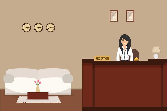 Hotel reception. Young woman receptionist stands at reception desk. There is a white sofa and table with tulips also in the picture. Travel, hospitality, hotel booking concept. Vector illustration