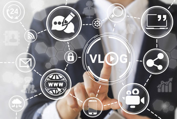 VLOG social media network communication technology web concept. Girl presses vlog play word icon on touch virtual screen on background internet vlogging sign. Streaming broadcast account translation