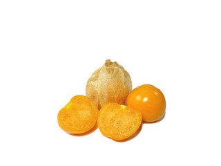 Close-up of bright yellow ripe Cape gooseberries, one with calyx, one whole,one cut in half isolated on white background 