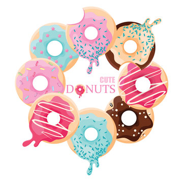 Set of  different sweet cute and bright donuts icons isolated on white background. Flat design dessert