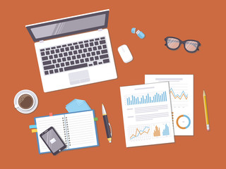 Documents with charts, graphs, leptop, notebook, phone, coffee, glasses. Preparation for work, analysis, report, accounting, reaserch. Business concept background. View from above. Vector illustration