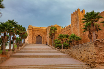 Bab el Kebir, main gate of Kasbah of the Udayas, small fortified kasbah in Rabat, Morocco - obrazy, fototapety, plakaty