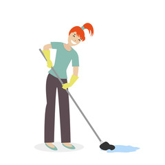 Cleaning woman or a housewife washing mop floors. Clean the house. Illustration in cartoon style isolated on white background. Vector,flat EPS10.