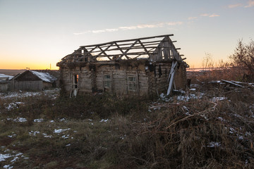 Winter sunset in russian village. Mikhaylovka Village, Penza Region, Russia.