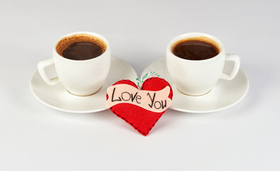 Two Cups of Coffee with Saucers and Soft Heart