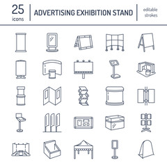 Fototapeta premium Advertising exhibition banner stands, display line icons. Brochure holders, pop up boards, bow flag, billboard folding marquees and other promotion design elements. Trade objects thin linear signs.