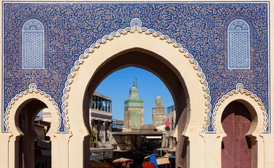 Fotobehang Marokko Bab Bou Jeloud-poort (of Blauwe Poort) in de medina van Fez el Bali, Marokko