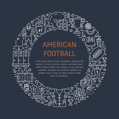 American football banner with line icons of ball, field, player, whistle, helmet and other sport equipment. Vector circle illustration for championship poster.