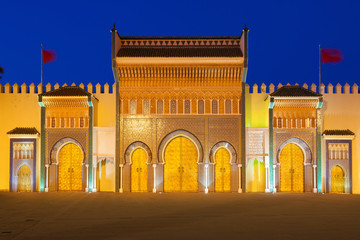 Golden doors of the Royal Palace (Dar el Makhzen) in Fez at nigh