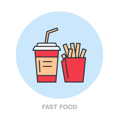 Fast food, snacks vector line icon. Street food logo. Soda and fries illustration.