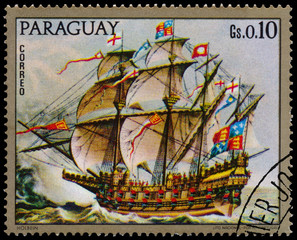 Stamp printed in Paraguay shows Ark Royal Sailing Ship