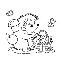 Coloring Page Outline Of cartoon hedgehog with basket of mushrooms in the meadow with butterflies. Coloring book for kids