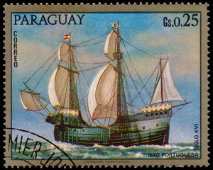 Stamp printed in Paraguay shows old portugal warship