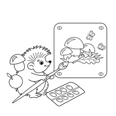 Coloring Page Outline Of cartoon hedgehog with picture of mushrooms with brush and paints. Coloring book for kids