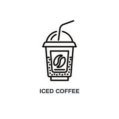 Vector line icon of coffee cocktail in disposable cup. Cold drink linear logo. Outline symbol for cafe, bar, shop, food delivery.