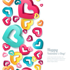 Valentines day vector vertical seamless white background with 3d stylized multicolor hearts. Concept for Valentines banner, poster, flyer, party invitation.