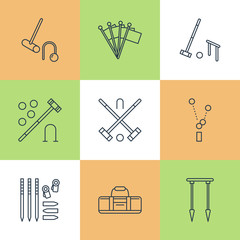 Croquet sport game vector line icons. Ball, mallets, hoops, pegs, corner flags. Garden, lawn activities signs set, championship pictograms with editable stroke for club, equipment store.