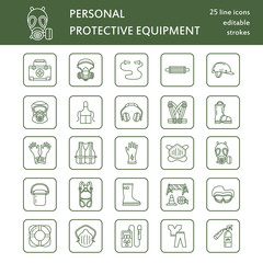 Personal protective equipment line icons. Gas mask, ring buoy, respirator, bump cap, ear plugs and safety work garment. Health protection thin linear signs.