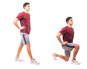 Lunge. Young man doing sport exercise.