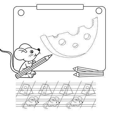 Connect the dots picture and coloring page. Tracing worksheet. Puzzle for kids. Cartoon cheese. Coloring Page Outline Of mouse with pencil. Coloring book for children. 