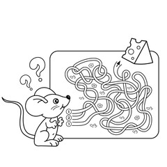 Cartoon Vector Illustration of Education Maze or Labyrinth Game for Preschool Children. Puzzle. Tangled Road. Coloring Page Outline Of little mouse with cheese. Coloring book for kids.