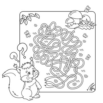 Cartoon Vector Illustration of Education Maze or Labyrinth Game for Preschool Children. Puzzle. Tangled Road. Coloring Page Outline Of squirrel with mushrooms. Coloring book for kids.