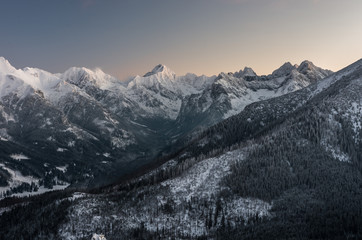 Winter Tatra mountains,High Tatra range over Rybiego Potoku Valley, Poland, Slovakia